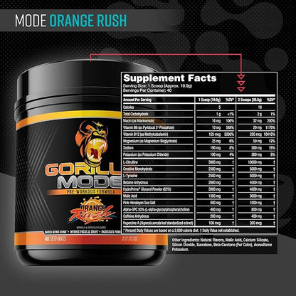 Gorilla Mind Pre Workout - Massive Pumps Laser Focus Energy Power - L-Citrulline, Creatine, L-Tyrosine, Betaine, Hydroprime, Alpha-GPC, 400mg Caffeine, Huperzine A - 796g (Orange Rush)