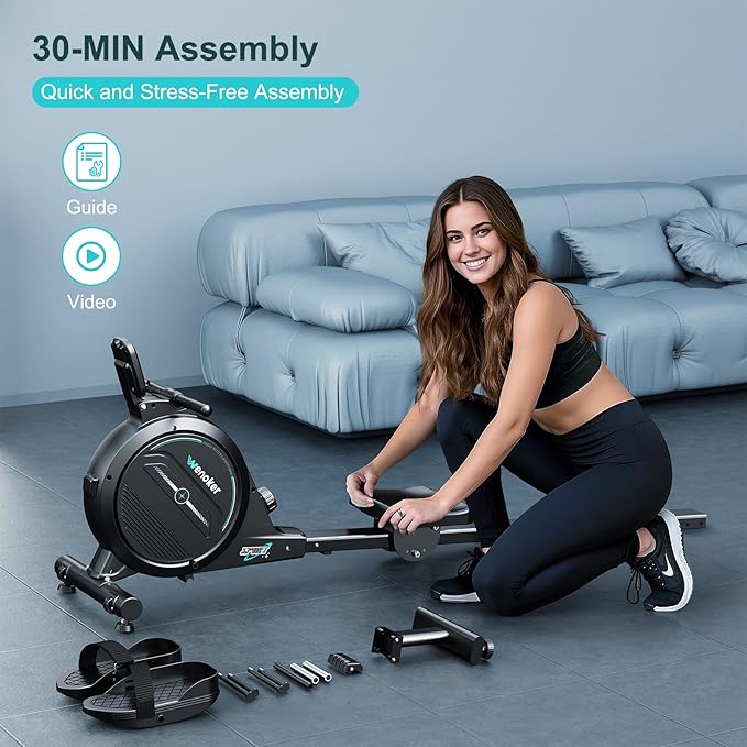 Rowing Machine,Wenoker Magnetic Rower Machine for Home,App Supported 350 LB Weight Capacity, Smooth Whisper Quiet with LCD Monitor Tablet Holder & Comfortable Seat Cushion, Compact and Saves Space