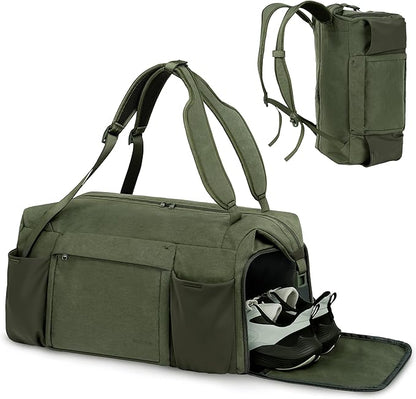 Small Gym Bag for Men with Shoes Compartment and Wet Pocket Convertible Duffle Bag and Gym Backpack Waterproof Sports Bag with 2 Bottle Holders Weekender Overnight Bag - Dark Green