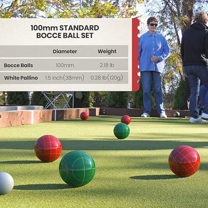 100mm Bocce Ball Set Regulation Size and Weight for Lawn, Beach Bocci Game for 2-8 Players (Red and Green)