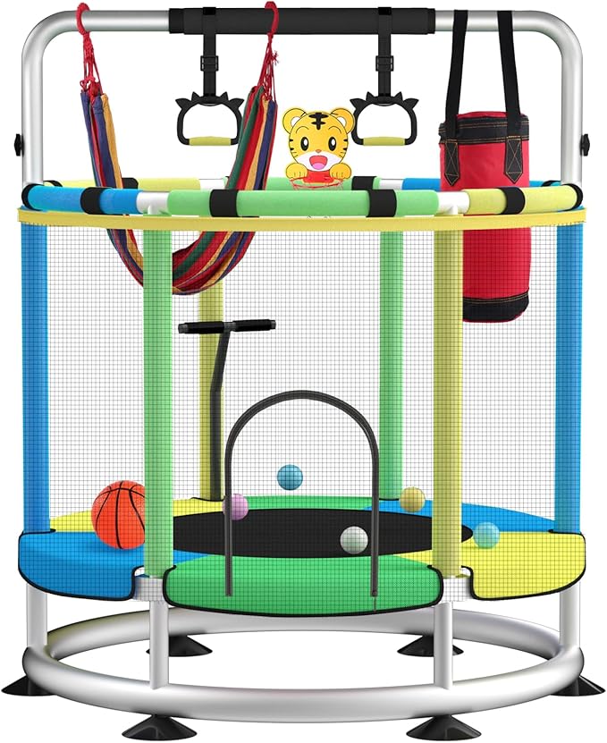 Trampoline for Kids, Adjustable Baby Toddler Trampoline with Basketball Hoop, Round Bottom Indoor Outdoor Toddler with Enclosure