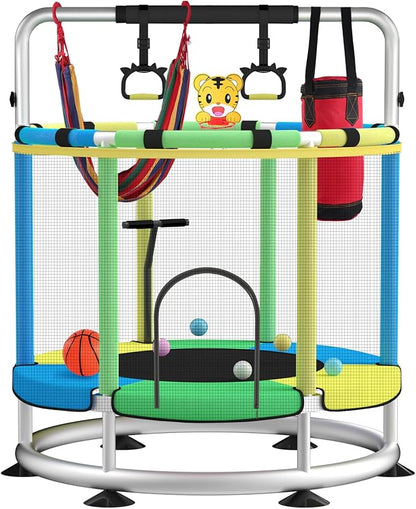 Trampoline for Kids, Adjustable Baby Toddler Trampoline with Basketball Hoop, Round Bottom Indoor Outdoor Toddler with Enclosure