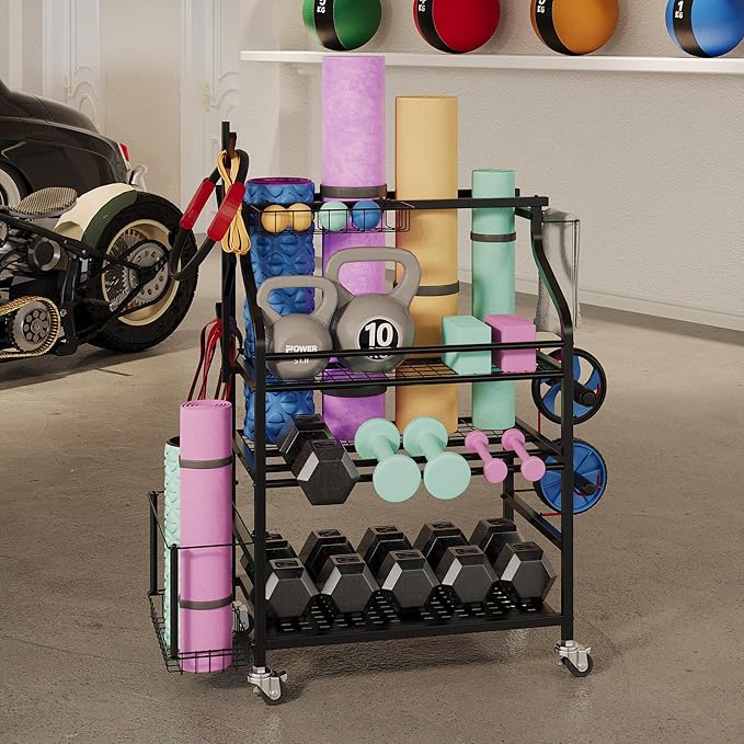 Dumbbells Rack,Weight Rack for Kettlebell, Weight Stand,Home Gym Storage Holder for Yoga Mat, Foam Roller,Yoga Strap,Resistance Bands,Garage Storage Organizer,Workout Storage with Wheels