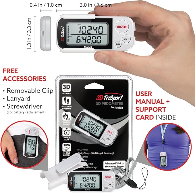 3DTriSport Walking 3D Pedometer with Clip & Strap, eBook Included | 30 Days Memory, Accurate Step Counter, Walking Distance Miles/Km, Calorie Counter, Daily Exercise Time Monitor