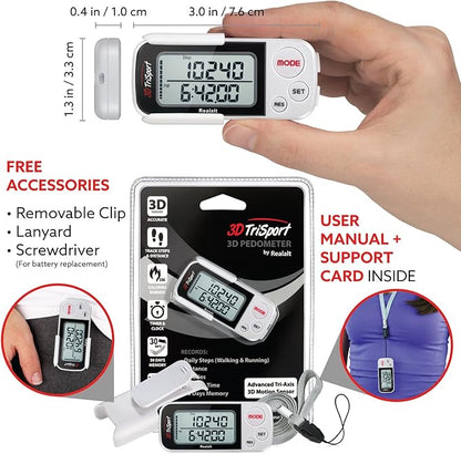 3DTriSport Walking 3D Pedometer with Clip & Strap, eBook Included | 30 Days Memory, Accurate Step Counter, Walking Distance Miles/Km, Calorie Counter, Daily Exercise Time Monitor