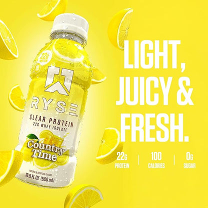 RYSE Clear Protein Shake - Country Time Lemonade - 100 Calories, 22g Whey Isolate Protein, Sugar-Free, 0g Fat & Lactose-Free - Refreshing Ready-to-Drink Beverage - 16.9 fl oz Bottles (12-Pack)