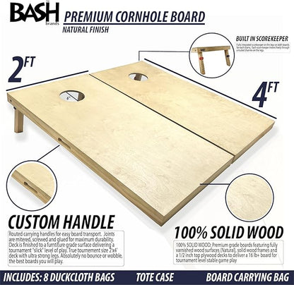Regulation Solid Wood Cornhole Boards 2'x4' -Choose Between Commercial Grade No Bounce (Cherry Color, NO Bags) or Premium Grade (Natural and Includes 8 Cornhole Bags and Carrying Bag)