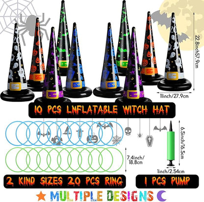 Skylety 31 Pcs Halloween Party Favor Inflatable Witch Hat Ring Toss Including 10 Inflatable Witch Hats 20 Plastic Ring Toss for Carnival Halloween Party Favor Indoors Outdoor