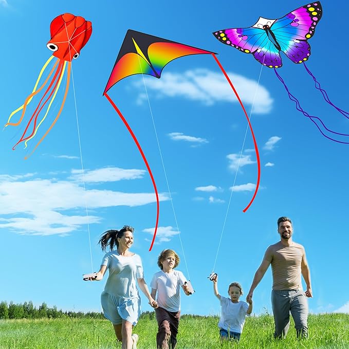 3 Pack Large Kites, Large Butterfly Kite, Colorful Delta and Red Octopus for Girls Boys Ages 4-8, 8-12, Adults