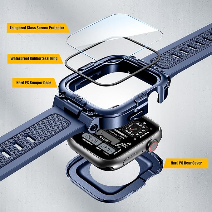 Dsytom Waterproof Case with Band Compatible for Apple Watch Band 46mm 45mm 44mm 42mm(S11/10) 41mm 40mm for Men,Rugged Smartwatch Strap with Built-in Tempered Glass Screen Protector for iWatch Series 11/10/9/8/7/6/5/4/SE