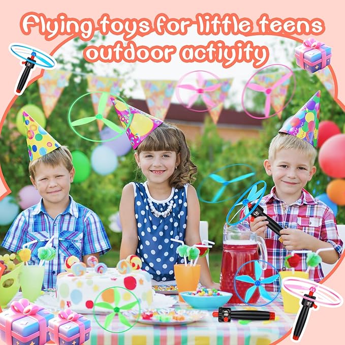 36 Pcs Flying Saucer Flying Disc Toy Helicopter Toy Disco Flyers Include 12 String Launchers and 24 Flying Saucer Flying Disc Launcher Flying Toys Little Teens Outdoor Activity Birthday Favors