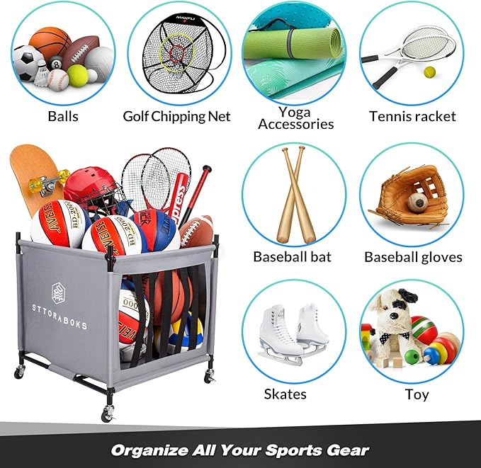 Sports Ball Storage Cart with Wheels, Lockable Ball Organizer Basket with Elastic Straps, Stackable Ball Cage for Garage Storage, Gym, Sports Equipment Storage Oxford Bin, Ball Case