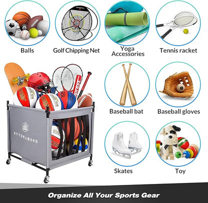 Sports Ball Storage Cart with Wheels, Lockable Ball Organizer Basket with Elastic Straps, Stackable Ball Cage for Garage Storage, Gym, Sports Equipment Storage Oxford Bin, Ball Case
