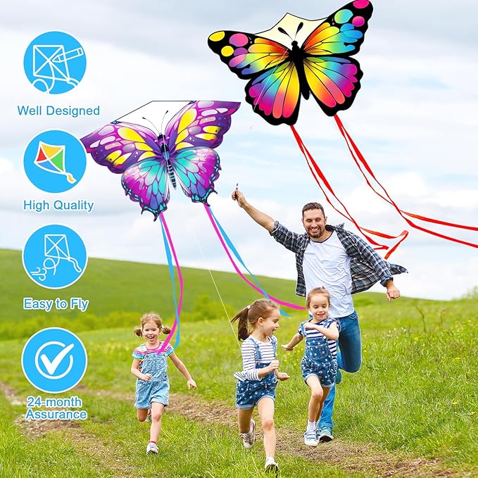 2 Pack Kites for Adults and Kids, Large Butterfly Kites Easy to Fly Kite with Long Tail, Big Kite with Handle and String, Perfect for Beginners, Beach Games, Outdoor Flying Fun
