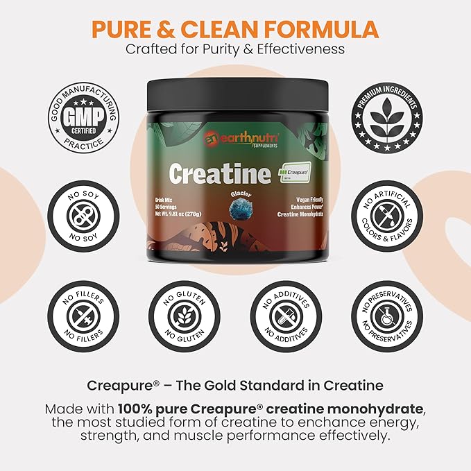 EarthNutri Creatine Monohydrate Powder - Pure Creatine Supplement for Muscle Growth, Strength & Performance - Non-GMO, Sugar-Free, Additive-Free – for Men & Women, Flavored 250g