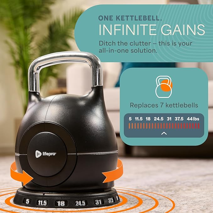 Lifepro Adjustable Kettlebell - 7in1 Kettlebells Weight with Quick-Select Dial & Safety Lock – Choose 22.5 lb or 44 lb – Compact Space Saving for Strength Training & Full Body Workouts