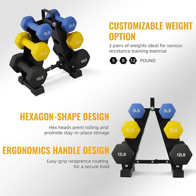 Neoprene Coated Dumbbell Set with Rack, Free Hand Weight Set For Home Gym Workout, Anti-Slip, Anti-roll, 20LBS, 32LBS, 50LBS and 56LBS Sets, Multiple Weight Options