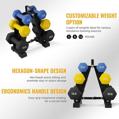 Neoprene Coated Dumbbell Set with Rack, Free Hand Weight Set For Home Gym Workout, Anti-Slip, Anti-roll, 20LBS, 32LBS, 50LBS and 56LBS Sets, Multiple Weight Options