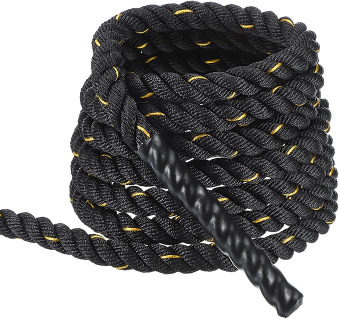 MECCANIXITY Battle Rope 20ft x 1 Inch Polyester Workout Rope Heavy Fitness Exercise Rope for Strength Training Home Gym Muscle Building, Black Yellow