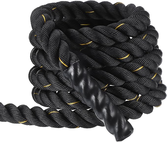 MECCANIXITY Battle Rope 20ft x 2 Inch Polyester Workout Rope Heavy Fitness Exercise Rope for Strength Training Home Gym Muscle Building, Black Yellow