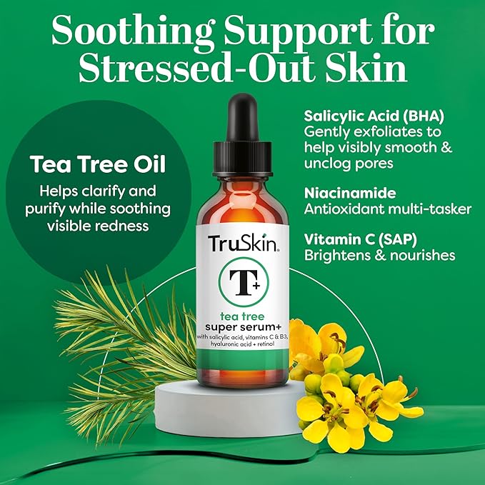 TruSkin Tea Tree Oil Acne Treatment for Face – Acne Serum – Improve the Appearance of Pores, Skin Tone for Smooth, Glowing Skin with Salicylic Acid, Vitamin C, Niacinamide & Retinol, 2 OZ