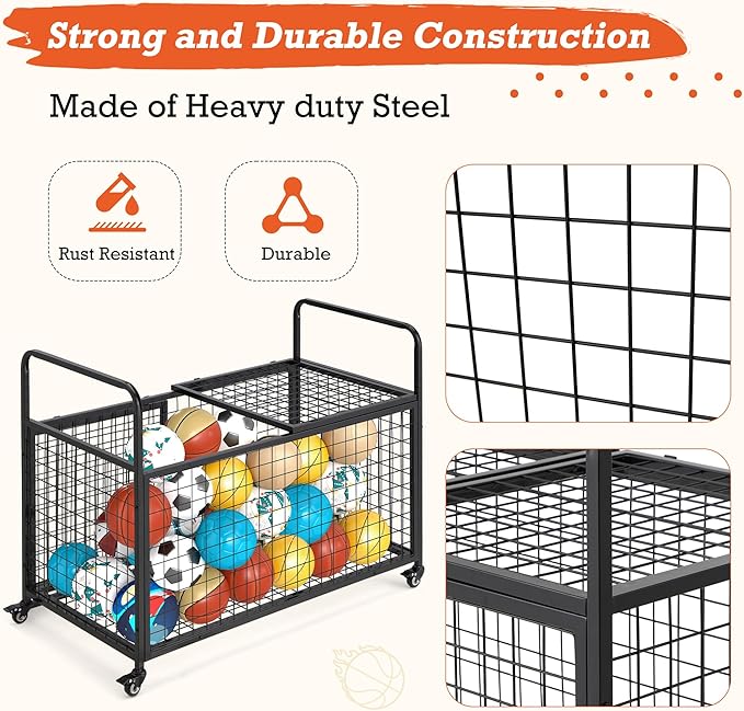 AECOJOY Ball Cart Storage, Rolling Basketball Bin with Wheels for Garage, School, Gym, Sports Equipment and Toy Organizer, Indoor & Outdoor