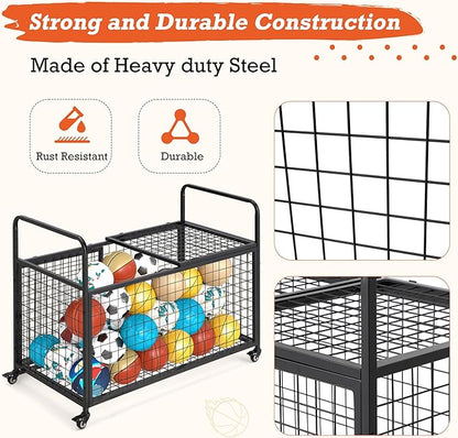 AECOJOY Ball Cart Storage, Rolling Basketball Bin with Wheels for Garage, School, Gym, Sports Equipment and Toy Organizer, Indoor & Outdoor