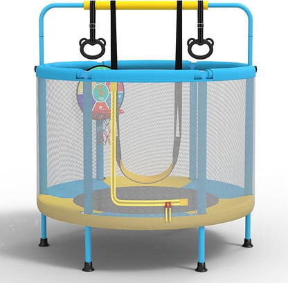 LANGXUN 60" Trampoline for Kids, 5ft Mini Toddler Indoor & Outdoor Trampoline with Net, Basketball Hoop & Dart Board, Birthday Gifts for Boys & Girls, Baby Toddler Christmas Toys (Blue & Yellow)