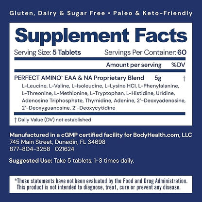 BodyHealth PerfectAmino (300 Tablets) Essential Amino Acid Supplement with BCAA and EAA, Muscle Recovery, Boost Energy & Stamina, 99% Utilization, Vegan Branched Chain Protein Pre/Post Workout