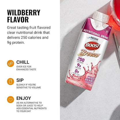 BOOST Breeze Clear Nutritional Drink - 250 Calories - 19 Vitamins & Minerals - 9 g Protein ??Fortified Clear Nutritional Drink with Vitamin A & Zinc - Wild Berry Flavor - 8 fl oz (Pack of 24)