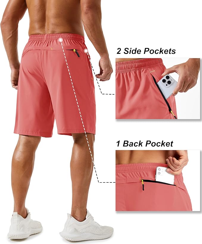 TACVASEN Men's Running Athletic Shorts 9" Quick Dry Workout Gym Shorts Lightweight Summer Shorts 3 Zipper Pockets