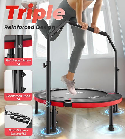 BCAN 40"/48" Foldable Mini Trampoline, Rebounder Trampoline for Adults, U/T Adjustable Foam Handle, Exercise Rebounder for Adults Indoor/Garden Workout, Max Load 330lbs/440lbs