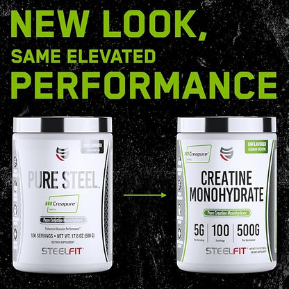 SteelFit Creapure Creatine Monohydrate Powder, Unflavored - German Micronized Creatine Powder for Men & Women - Gym Workout Nutritional Supplements for Muscle Gain, Brain Health & Strength Building