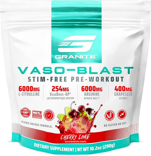 Granite Supplements Vaso Blast, Cherry Lime Flavor, Stimulant-Free Pre Workout for Men & Women with