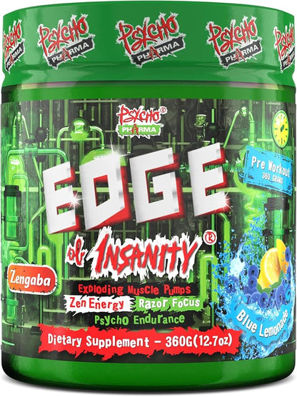 Psycho Pharma Strongest High Stim Preworkout Powder - Edge of Insanity - Most Intense Pre Workout Supplement for Pumps, Strength, Energy and Feel Good Focus. Rivals Famous PWOs of The Past