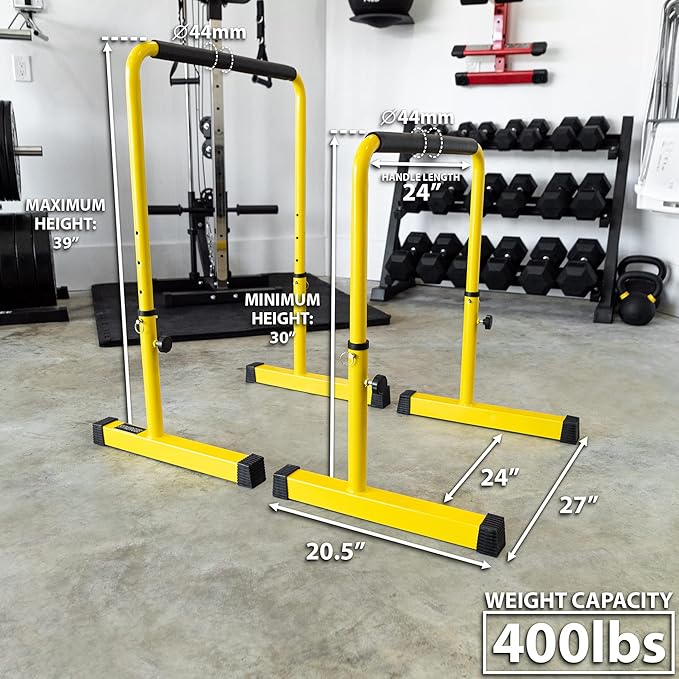 Synergee Dip Bar. Adjustable Dip Station from 30????39??for Dips, Inverted Pull Ups. Max capacity 400 lbs. Portable Dip Stand for Total Body Workout. Available in Yellow and Black.