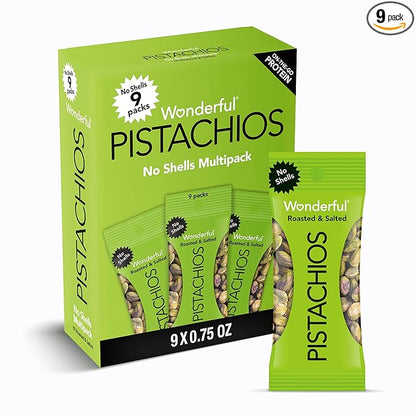 Wonderful Pistachios No Shells, Roasted & Salted Nuts, 0.75 Ounce Bag (Pack of 9), Protein Snacks, Gluten Free, On-the-Go, Individually Wrapped Snacks