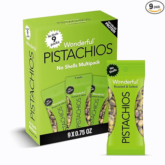 Wonderful Pistachios No Shells, Roasted & Salted Nuts, 0.75 Ounce Bag (Pack of 9), Protein Snacks