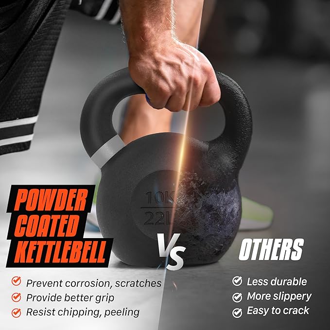 Yes4All Kettlebell, Heavy Duty Powder Coated Cast Iron Kettlebells, Non-Slip Handle & Flat Bottom for Conditioning, Strength Training & Full Body Exercises at Home Gym - Single & Pair