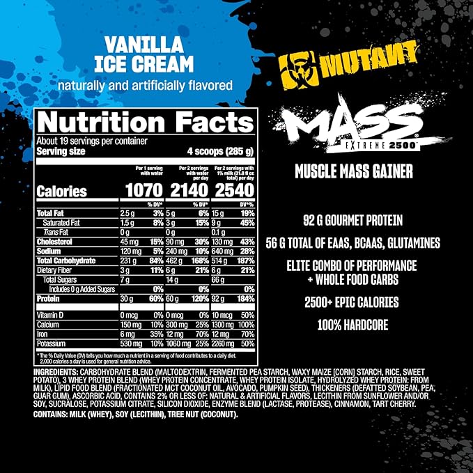 Mutant Mass Extreme Gainer ??Whey Protein Powder ??Build Muscle Size and Strength ??High Density Clean Calories (Vanilla Ice Cream, 12 lbs)