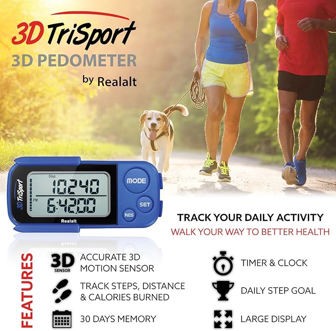 3DTriSport Walking 3D Pedometer with Clip & Strap, eBook Included | 30 Days Memory, Accurate Step Counter, Walking Distance Miles/Km, Calorie Counter, Daily Exercise Time Monitor