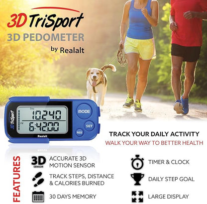 3DTriSport Walking 3D Pedometer with Clip & Strap, eBook Included | 30 Days Memory, Accurate Step Counter, Walking Distance Miles/Km, Calorie Counter, Daily Exercise Time Monitor