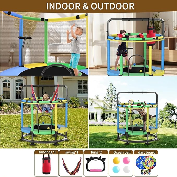 Trampoline for Kids, Full Anti-Rust 440lbs Anti-Rollover Round Bottom Toddler Trampoline, T-handrail Adjustable Baby Toddler Trampolines Dart Board