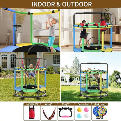 Trampoline for Kids, Full Anti-Rust 440lbs Anti-Rollover Round Bottom Toddler Trampoline, T-handrail Adjustable Baby Toddler Trampolines Dart Board