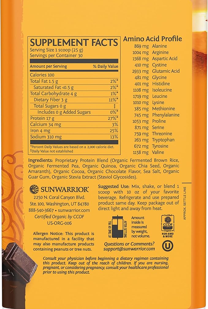 Sunwarrior - Classic Plus, Vegan Protein Powder with Peas & Brown Rice, Raw Organic Plant Based Protein, Chocolate, 30 Servings