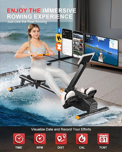Magnetic Rowing Machines for Home, Rower Machine with 16 Levels Powerful Silent Magnetic Resistance, 350lbs Weight Capacity, LCD Monitor, Silent Rail System, Compact Row Machine for Home Gym Exercise