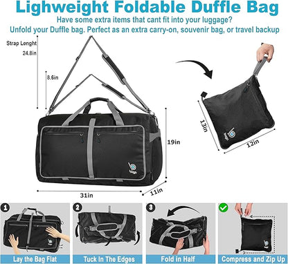 Bago Large Foldable Duffel Bags for Traveling Women & Men - 120L Packable Duffle Bag for Travel with Shoe Compartment - Water Repellant, Heavy Duty, Lightweight Folding & Collapsible (Blue)