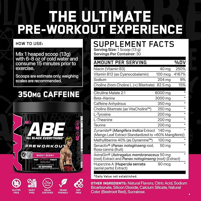 All Black Everything Pre Workout Powder | 30 Servings | Baddy Berry | 350mg Caffeine | Nootropic Pre-Workout Blend | Beta Alanine + Citrulline | Energy Supplement for Men and Women