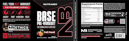 NutraBio Base Pre-Workout Powder 200mg Caffiene, Sustained Energy, Focus, Endurance, Pump, Sugar Free, Clean Preworkout for Men and Women - Beta Alanine, L-Tyrosine, 30 Servings - Fruit Punch