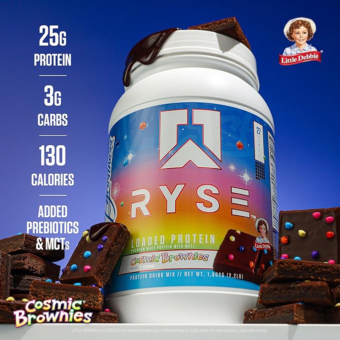RYSE Loaded Protein Powder - Little Debbie Cosmic Brownie - 25g Whey Protein Isolate & Concentrate with Prebiotic Fiber & MCTs - Low Carb, Low Sugar, Digestive-Friendly - 54 Servings / 4 lb Tub